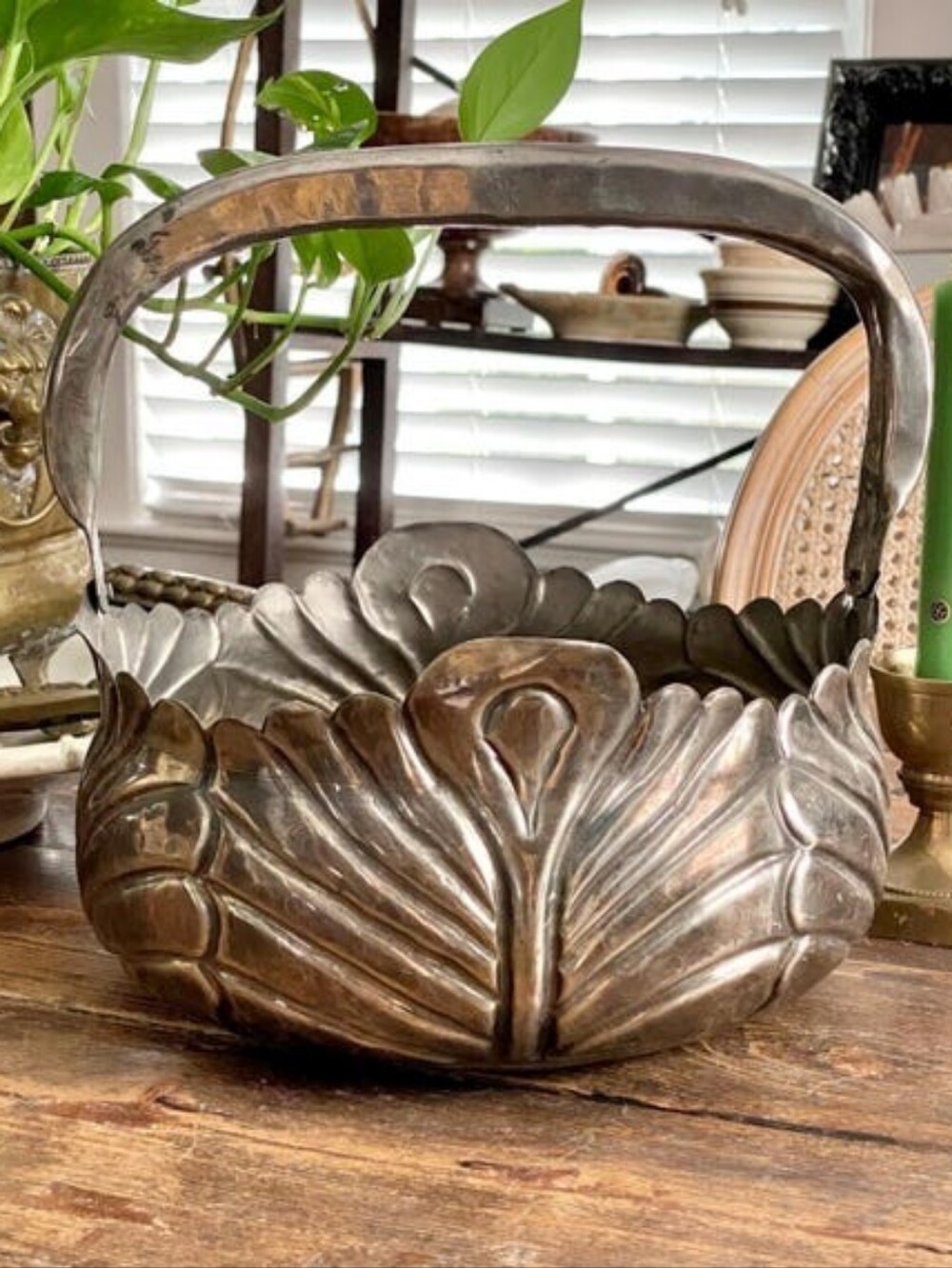Antique Silver Plated Brass Scallop Basket